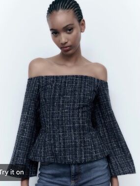 Zara Navy and White Tweed Top